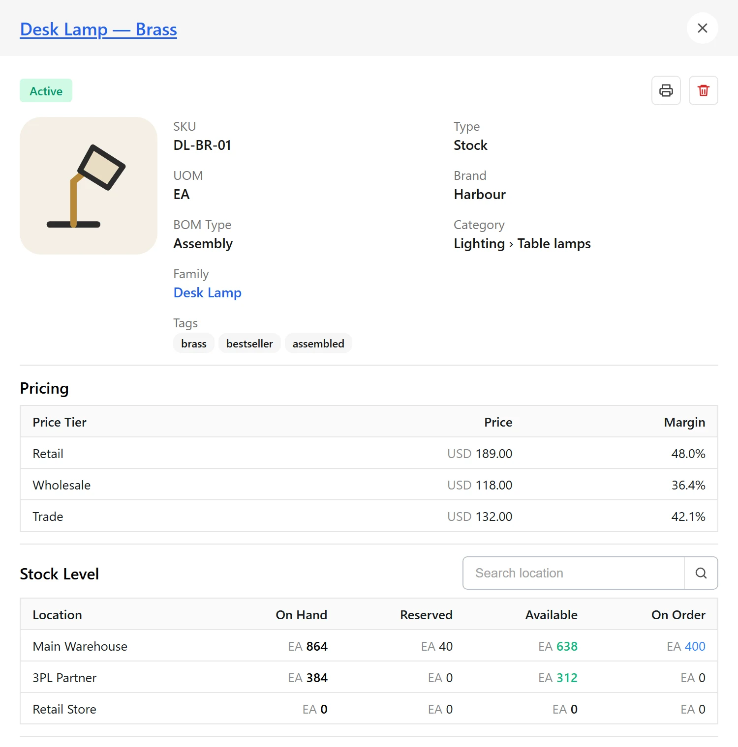 Illustrative product Quick View panel: desk lamp pricing tiers and stock by location.